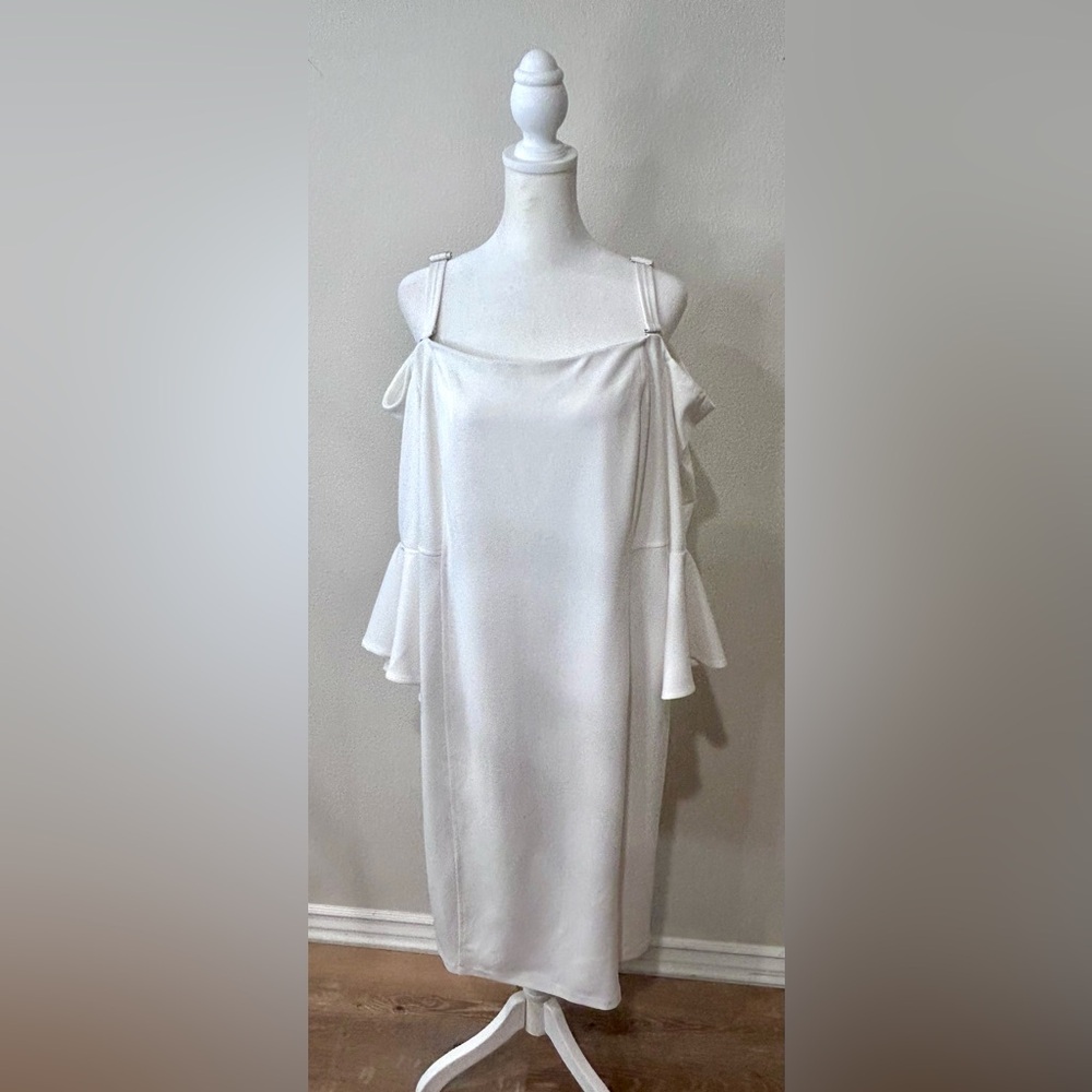🤍”R & M Richards” NWOT White Cold-Shoulder Midi Dress w/Ruffled Sleeves